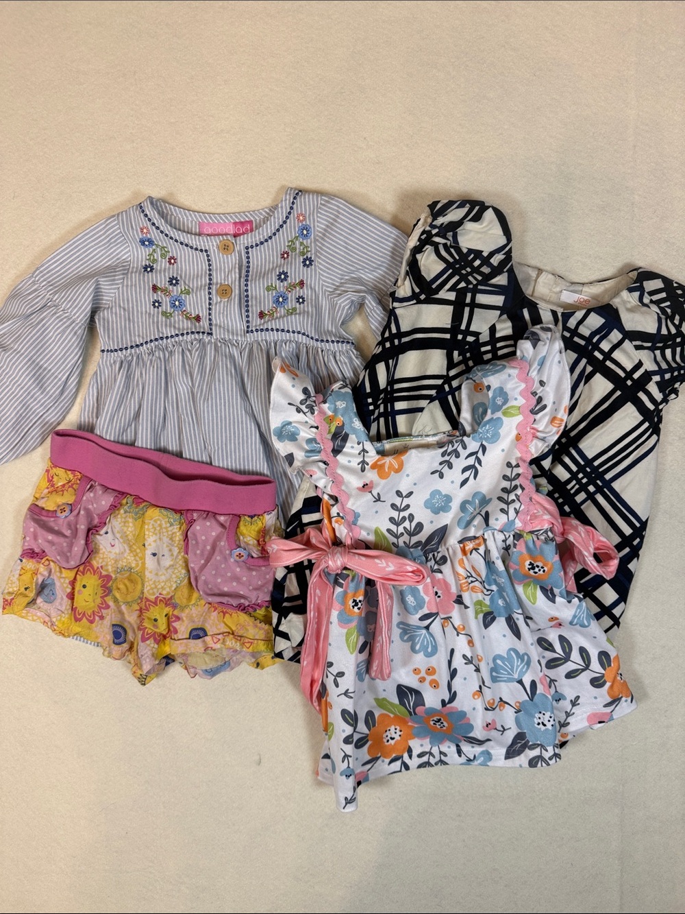 Girls Floral & Striped Mixed Clothes Lot - 3 dresses + shorts